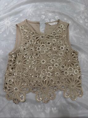Beige Crochet Sequin Sleeveless Top - Women